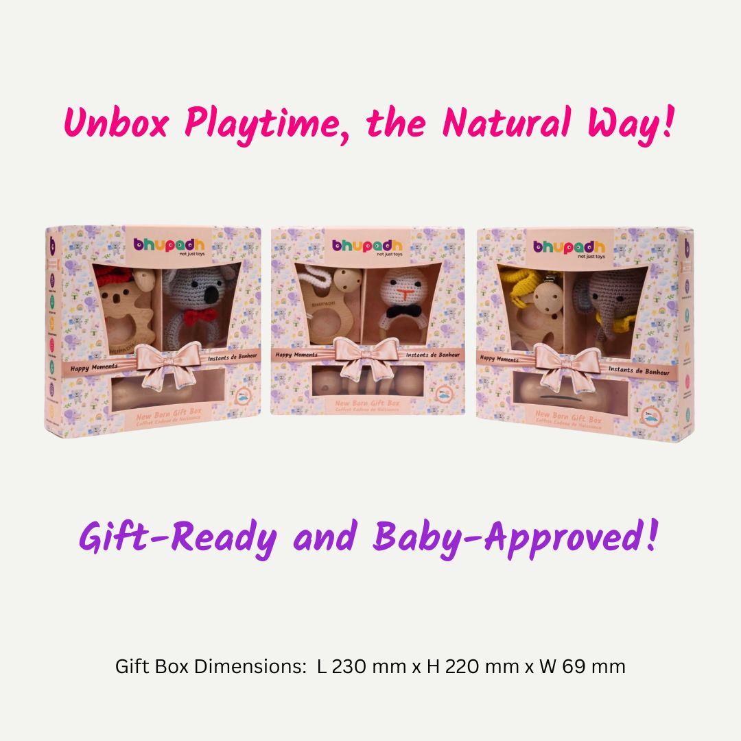 Bhupadh Newborn Gift Box 0-12 Months | 3-in-1 Crochet Rattle & Wooden Teether (Rabbit Collection2) | Handmade, Non-toxic natural material, BPA-Free | Premium Montessori Sensory Toys | Gift Box for Christening