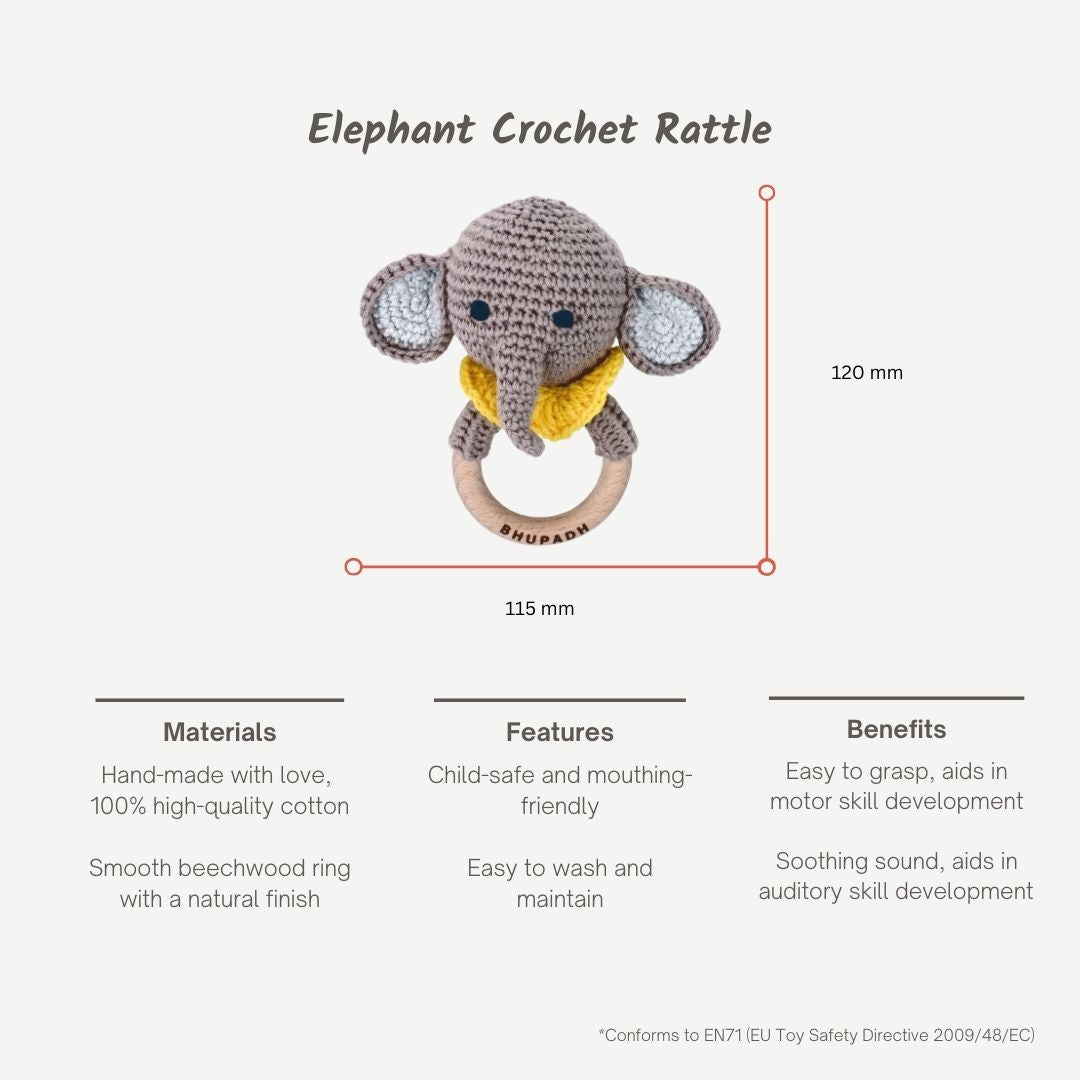 Bhupadh Elephant Crochet Rattle – Handmade Baby Rattle Toy | Soft, Non-Toxic, Montessori Sensory Toy for Newborns & Infants | Ideal Baby Shower Gift, Safe Teething Relief (3+ Months)