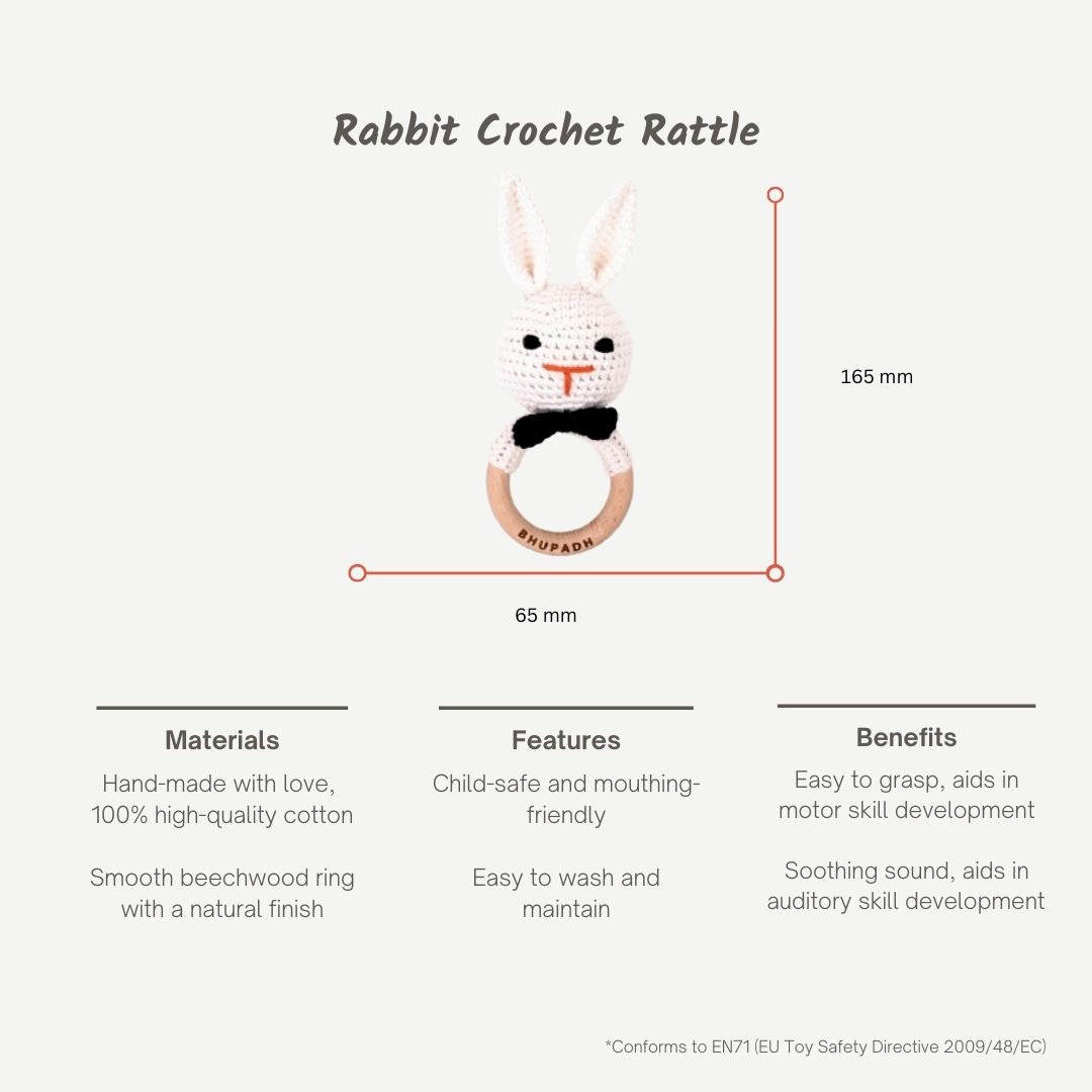 Bhupadh Rabbit Crochet Rattle – Soft Baby Rattle Toy | Handmade with Natural Materials | Montessori-Inspired Newborn Sensory Toy & Teether | Ideal Gift for Baby Showers & First Milestones (3+ Months)