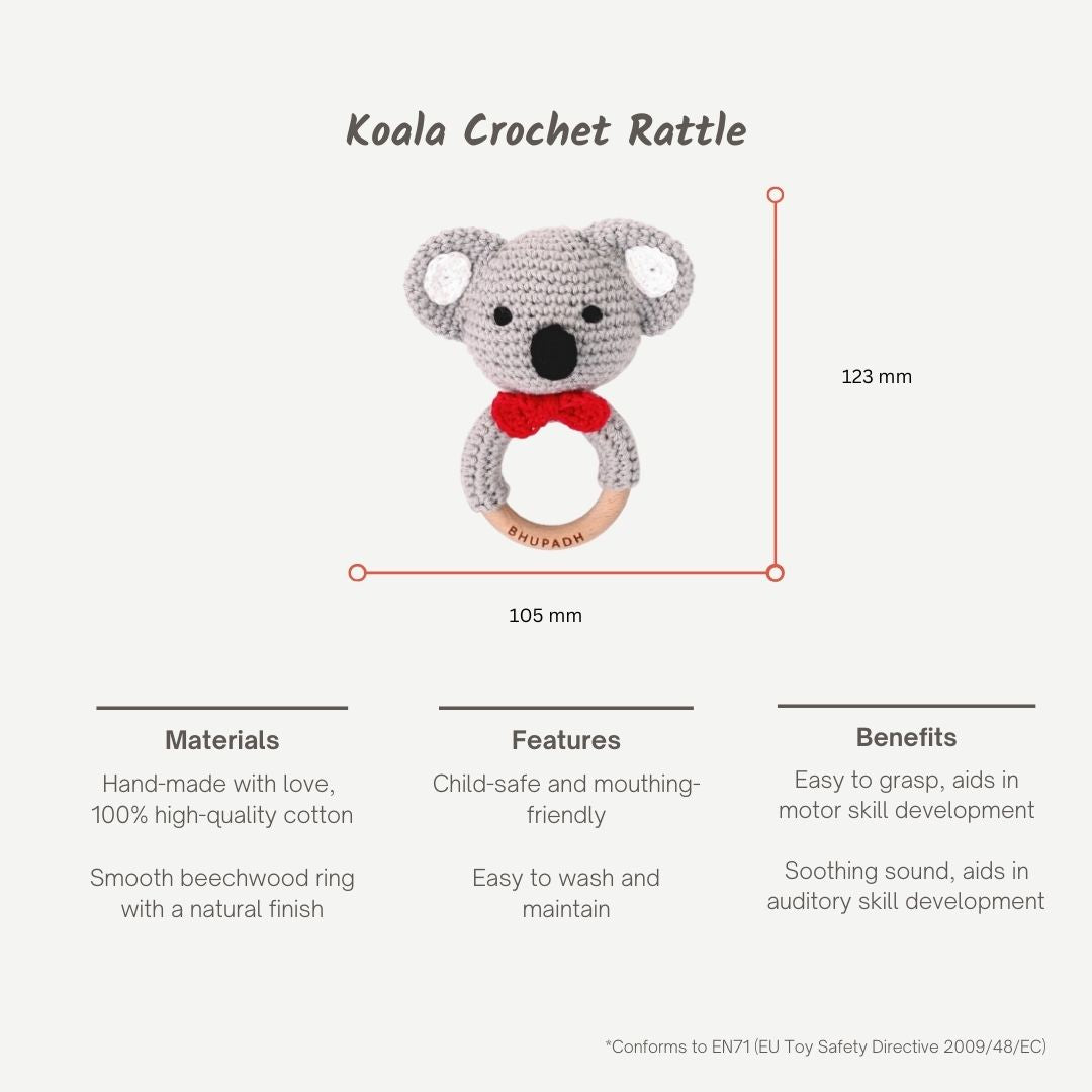 Bhupadh Koala Crochet Rattle – Handmade Baby Rattle Toy for Newborns | Natural Wooden Teether & Soft Cotton Crochet | Montessori Sensory Play | Baby Shower Gift for Boys & Girls (3+ Months)