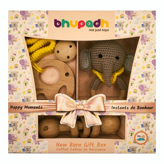 Bhupadh Newborn Gift Box 0-12 Months | 3-in-1 Crochet Rattle & Wooden Teether (Elephant Collection 2) | Handmade, Non-toxic natural material, BPA-Free | Premium Montessori Sensory Toys | Gift Box for Baby Shower
