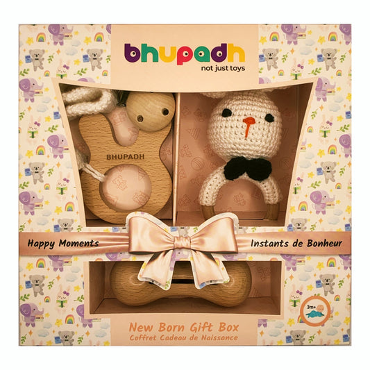 Bhupadh Newborn Gift Box 0-12 Months | 3-in-1 Crochet Rattle & Wooden Teether (Rabbit Collection1) | Handmade, Non-toxic natural material, BPA-Free | Premium Montessori Sensory Toys | Gift Box for Christening