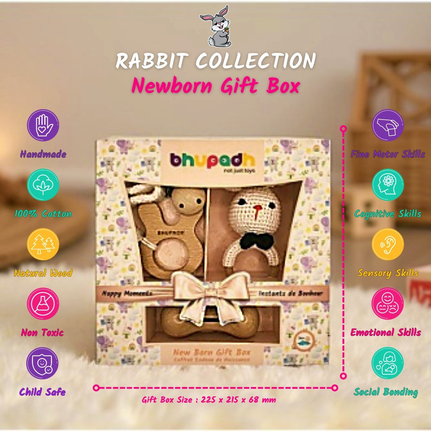 Bhupadh Newborn Gift Box 0-12 Months | 3-in-1 Crochet Rattle & Wooden Teether (Rabbit Collection1) | Handmade, Non-toxic natural material, BPA-Free | Premium Montessori Sensory Toys | Gift Box for Christening