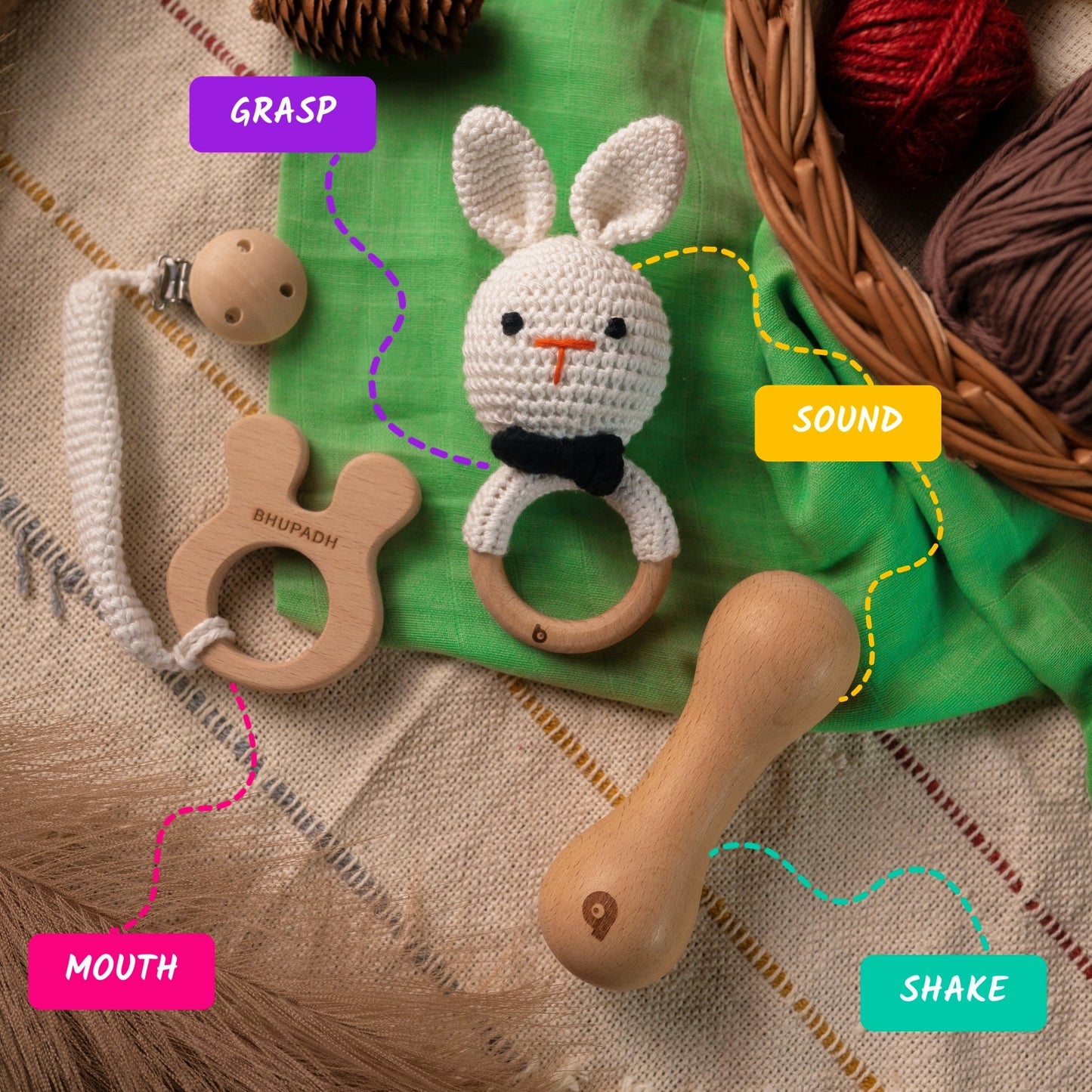 Bhupadh Newborn Gift Box 0-12 Months | 3-in-1 Crochet Rattle & Wooden Teether (Rabbit Collection1) | Handmade, Non-toxic natural material, BPA-Free | Premium Montessori Sensory Toys | Gift Box for Christening