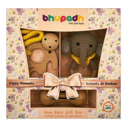 Bhupadh Newborn Gift Box 0-12 Months | 3-in-1 Crochet Rattle & Wooden Teether (Elephant Collection1) | Handmade, Non-toxic natural material, BPA-Free | Premium Montessori Sensory Toys | Gift Box for Baby Shower