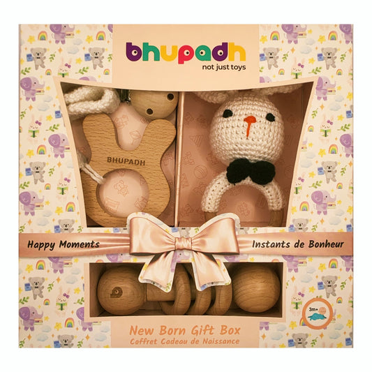 Bhupadh Newborn Gift Box 0-12 Months | 3-in-1 Crochet Rattle & Wooden Teether (Rabbit Collection2) | Handmade, Non-toxic natural material, BPA-Free | Premium Montessori Sensory Toys | Gift Box for Christening