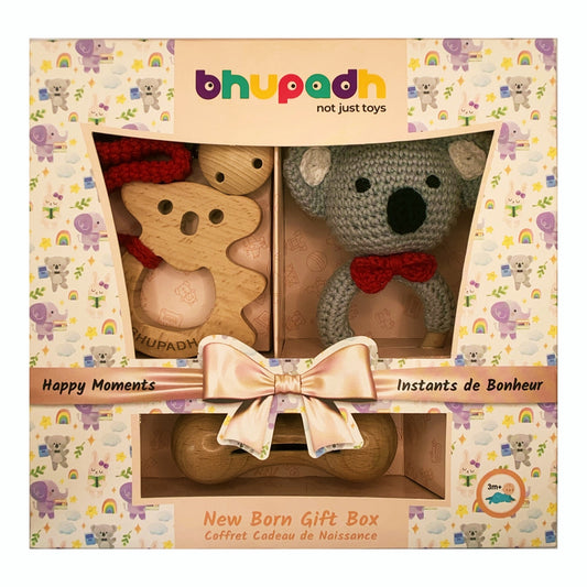 Bhupadh Newborn Gift Box 0-12 Months | 3-in-1 Crochet Rattle & Wooden Teether (Koala Collection1) | Handmade, Non-Toxic Natural Material, BPA-Free | Premium Montessori Sensory Toys