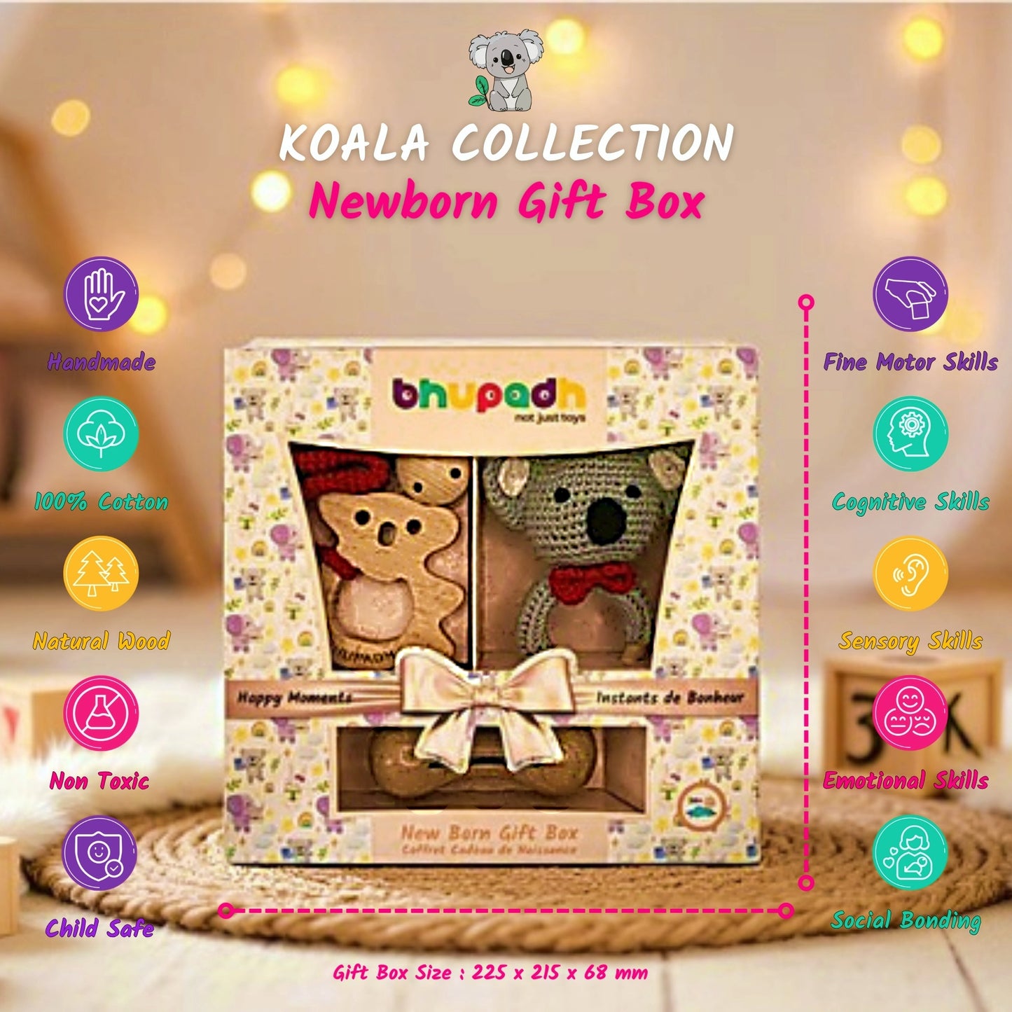 Bhupadh Newborn Gift Box 0-12 Months | 3-in-1 Crochet Rattle & Wooden Teether (Koala Collection1) | Handmade, Non-Toxic Natural Material, BPA-Free | Premium Montessori Sensory Toys