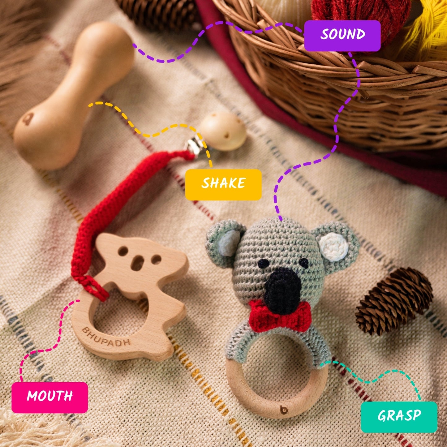 Bhupadh Newborn Gift Box 0-12 Months | 3-in-1 Crochet Rattle & Wooden Teether (Koala Collection1) | Handmade, Non-Toxic Natural Material, BPA-Free | Premium Montessori Sensory Toys
