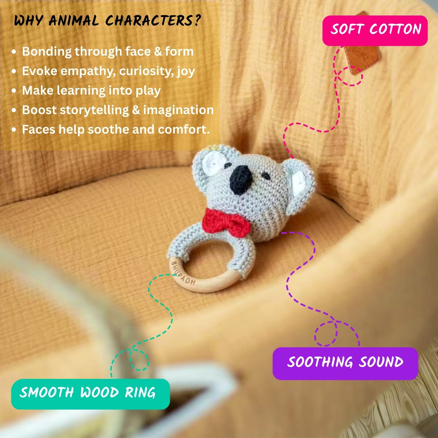 Bhupadh Newborn Gift Box 0-12 Months | 3-in-1 Crochet Rattle & Wooden Teether (Koala Collection1) | Handmade, Non-Toxic Natural Material, BPA-Free | Premium Montessori Sensory Toys