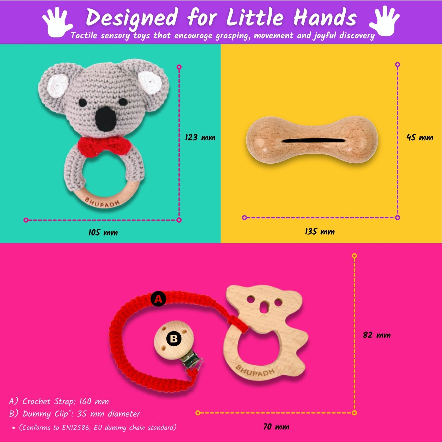Bhupadh Newborn Gift Box 0-12 Months | 3-in-1 Crochet Rattle & Wooden Teether (Koala Collection1) | Handmade, Non-Toxic Natural Material, BPA-Free | Premium Montessori Sensory Toys