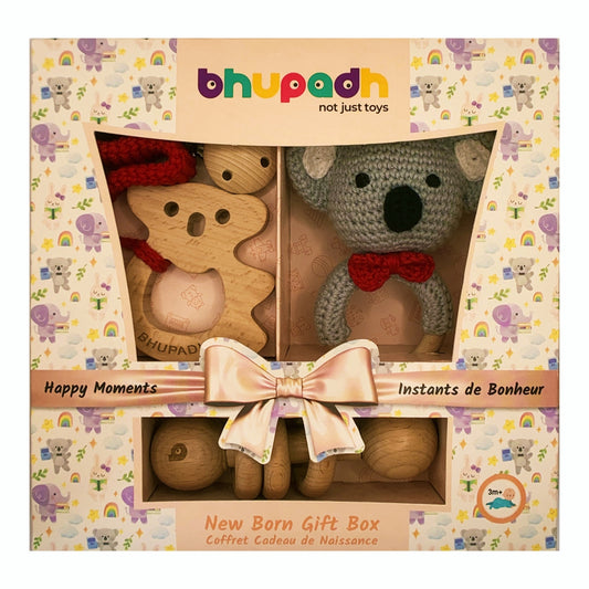 Bhupadh Newborn Gift Box 0-12 Months | 3-in-1 Crochet Rattle & Wooden Teether (Koala Collection2) | Handmade, Non-Toxic Natural Material, BPA-Free | Premium Montessori Sensory Toys