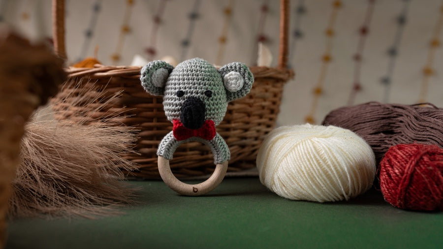 Bhupadh Koala Crochet Rattle – Handmade Baby Rattle Toy for Newborns | Natural Wooden Teether & Soft Cotton Crochet | Montessori Sensory Play | Baby Shower Gift for Boys & Girls (3+ Months)