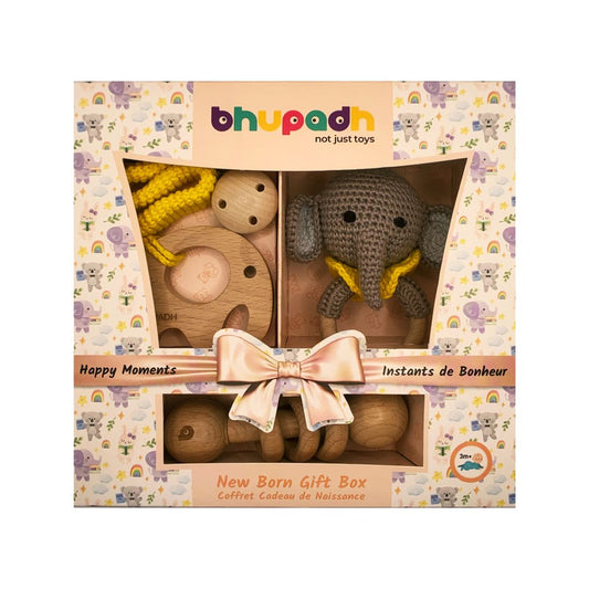 Bhupadh Newborn Gift Box 0-12 Months | 3-in-1 Crochet Rattle & Wooden Teether (Elephant Collection 2) | Handmade, Non-toxic natural material, BPA-Free | Premium Montessori Sensory Toys | Gift Box for Baby Shower
