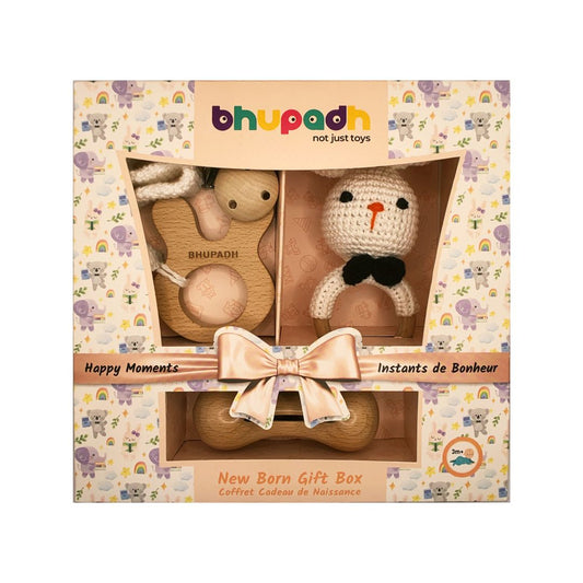 Bhupadh Newborn Gift Box 0-12 Months | 3-in-1 Crochet Rattle & Wooden Teether (Rabbit Collection1) | Handmade, Non-toxic natural material, BPA-Free | Premium Montessori Sensory Toys | Gift Box for Christening