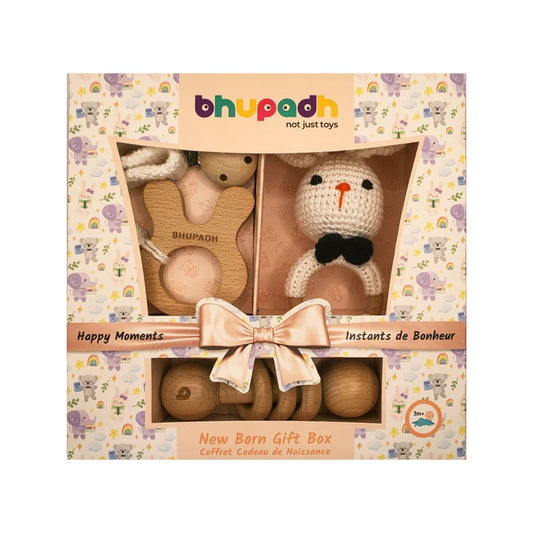 Bhupadh Newborn Gift Box 0-12 Months | 3-in-1 Crochet Rattle & Wooden Teether (Rabbit Collection2) | Handmade, Non-toxic natural material, BPA-Free | Premium Montessori Sensory Toys | Gift Box for Christening
