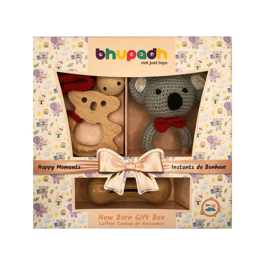 Bhupadh Newborn Gift Box 0-12 Months | 3-in-1 Crochet Rattle & Wooden Teether (Koala Collection1) | Handmade, Non-Toxic Natural Material, BPA-Free | Premium Montessori Sensory Toys