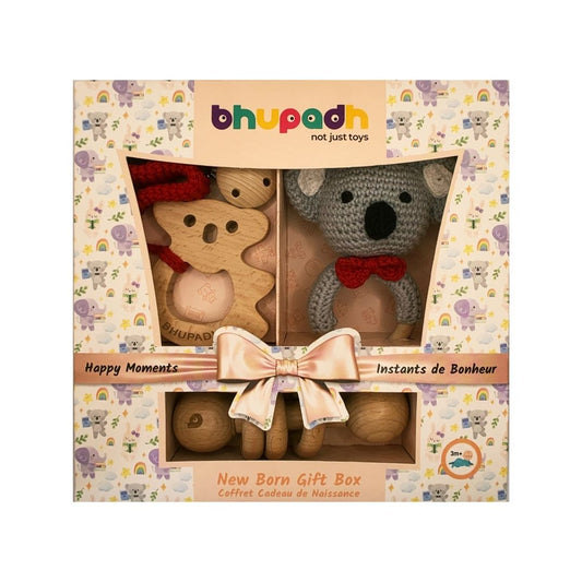 Bhupadh Newborn Gift Box 0-12 Months | 3-in-1 Crochet Rattle & Wooden Teether (Koala Collection2) | Handmade, Non-Toxic Natural Material, BPA-Free | Premium Montessori Sensory Toys