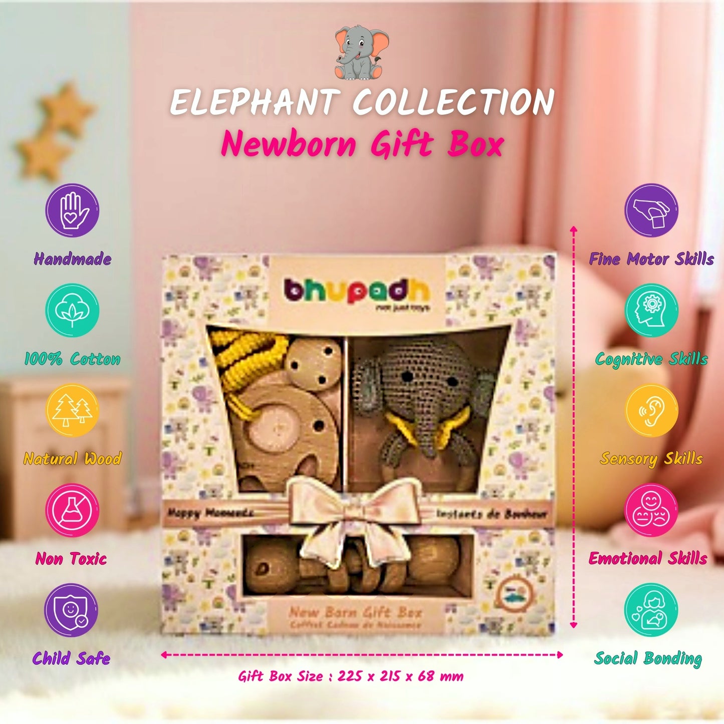 Bhupadh Newborn Gift Box 0-12 Months | 3-in-1 Crochet Rattle & Wooden Teether (Elephant Collection 2) | Handmade, Non-toxic natural material, BPA-Free | Premium Montessori Sensory Toys | Gift Box for Baby Shower