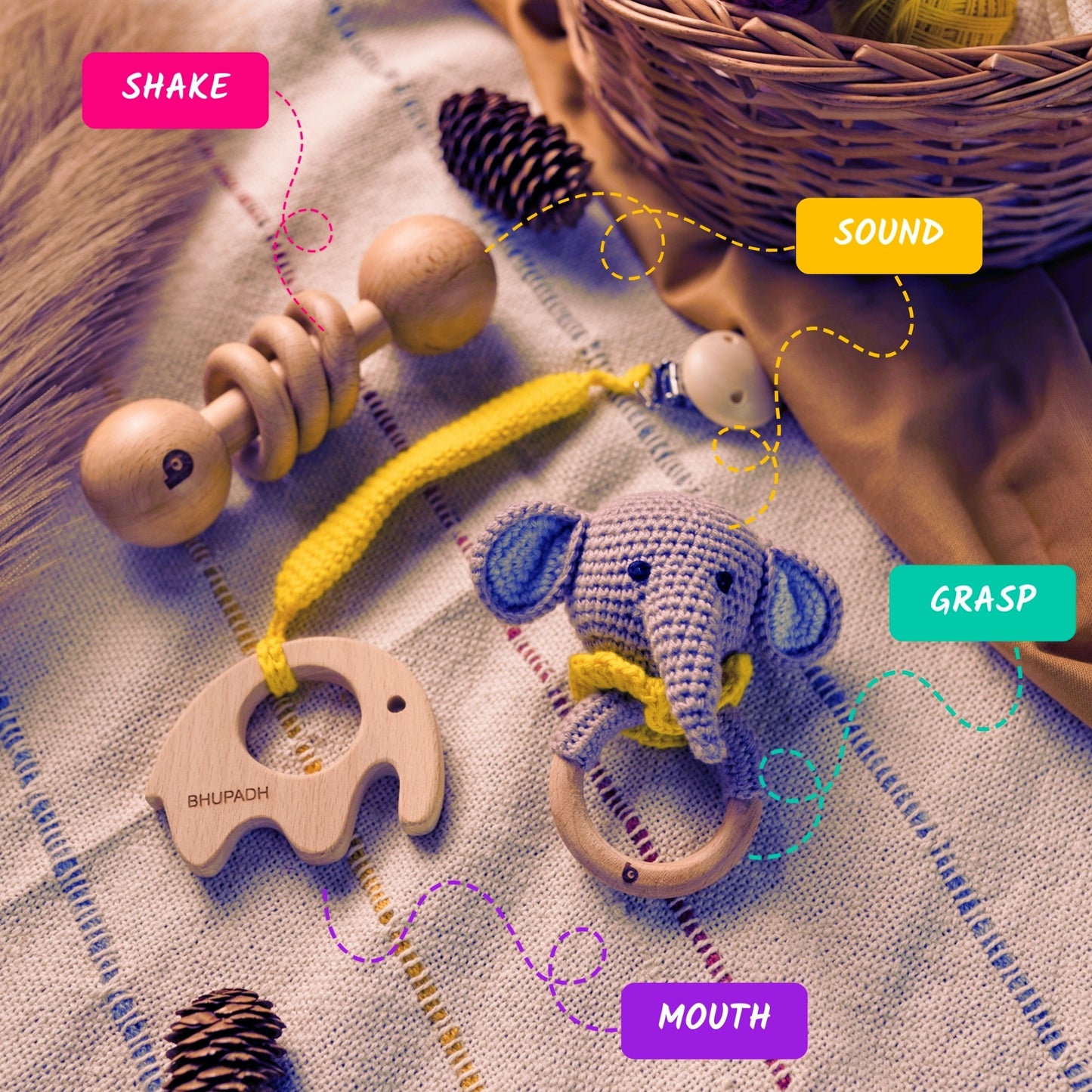 Bhupadh Newborn Gift Box 0-12 Months | 3-in-1 Crochet Rattle & Wooden Teether (Elephant Collection 2) | Handmade, Non-toxic natural material, BPA-Free | Premium Montessori Sensory Toys | Gift Box for Baby Shower