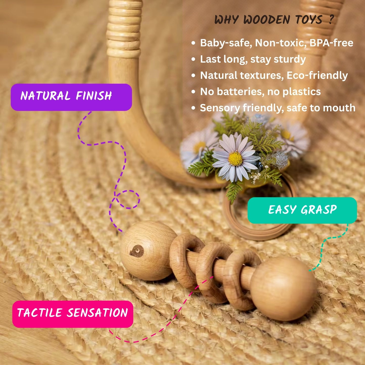 Bhupadh Newborn Gift Box 0-12 Months | 3-in-1 Crochet Rattle & Wooden Teether (Elephant Collection 2) | Handmade, Non-toxic natural material, BPA-Free | Premium Montessori Sensory Toys | Gift Box for Baby Shower