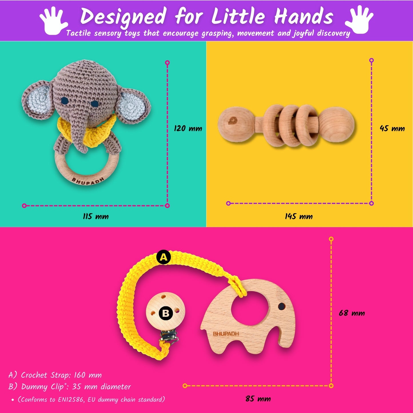 Bhupadh Newborn Gift Box 0-12 Months | 3-in-1 Crochet Rattle & Wooden Teether (Elephant Collection 2) | Handmade, Non-toxic natural material, BPA-Free | Premium Montessori Sensory Toys | Gift Box for Baby Shower