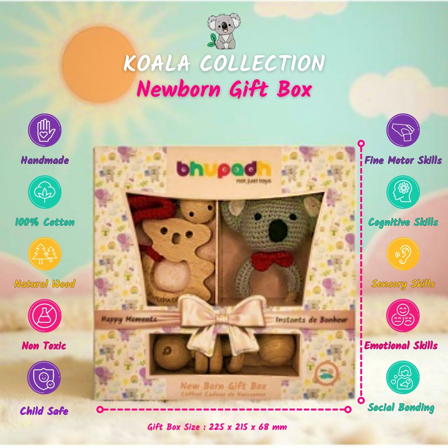 Bhupadh Newborn Gift Box 0-12 Months | 3-in-1 Crochet Rattle & Wooden Teether (Koala Collection2) | Handmade, Non-Toxic Natural Material, BPA-Free | Premium Montessori Sensory Toys