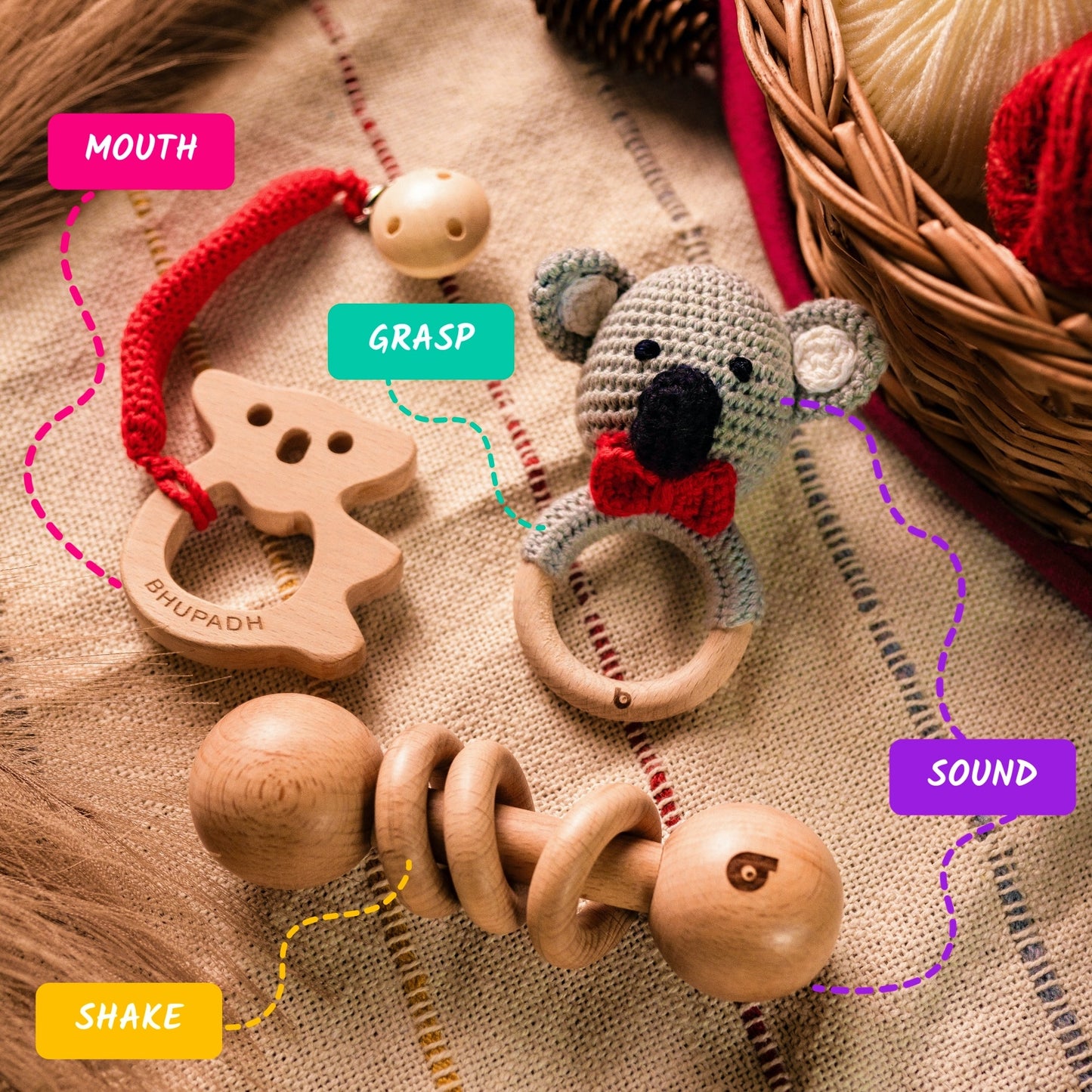 Bhupadh Newborn Gift Box 0-12 Months | 3-in-1 Crochet Rattle & Wooden Teether (Koala Collection2) | Handmade, Non-Toxic Natural Material, BPA-Free | Premium Montessori Sensory Toys