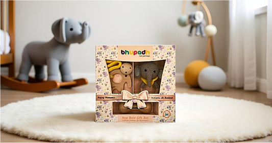 Bhupadh Newborn Gift Box 0-12 Months | 3-in-1 Crochet Rattle & Wooden Teether (Elephant Collection1) | Handmade, Non-toxic natural material, BPA-Free | Premium Montessori Sensory Toys | Gift Box for Baby Shower