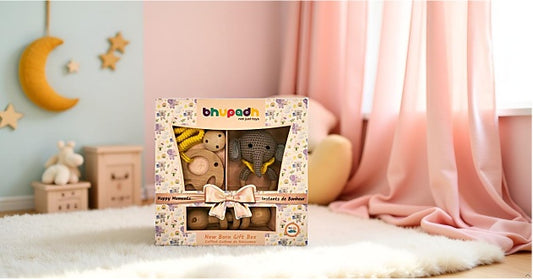 Bhupadh Newborn Gift Box 0-12 Months | 3-in-1 Crochet Rattle & Wooden Teether (Elephant Collection 2) | Handmade, Non-toxic natural material, BPA-Free | Premium Montessori Sensory Toys | Gift Box for Baby Shower