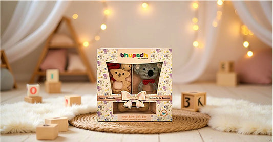 Bhupadh Newborn Gift Box 0-12 Months | 3-in-1 Crochet Rattle & Wooden Teether (Koala Collection1) | Handmade, Non-Toxic Natural Material, BPA-Free | Premium Montessori Sensory Toys