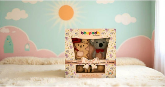Bhupadh Newborn Gift Box 0-12 Months | 3-in-1 Crochet Rattle & Wooden Teether (Koala Collection2) | Handmade, Non-Toxic Natural Material, BPA-Free | Premium Montessori Sensory Toys