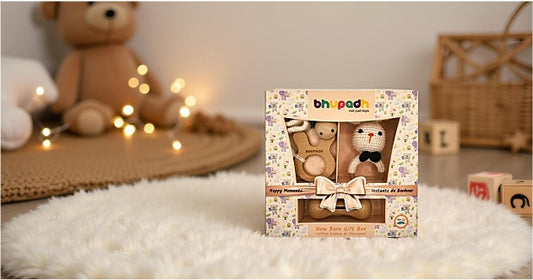 Bhupadh Newborn Gift Box 0-12 Months | 3-in-1 Crochet Rattle & Wooden Teether (Rabbit Collection1) | Handmade, Non-toxic natural material, BPA-Free | Premium Montessori Sensory Toys | Gift Box for Christening