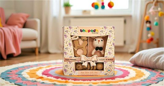Bhupadh Newborn Gift Box 0-12 Months | 3-in-1 Crochet Rattle & Wooden Teether (Rabbit Collection2) | Handmade, Non-toxic natural material, BPA-Free | Premium Montessori Sensory Toys | Gift Box for Christening