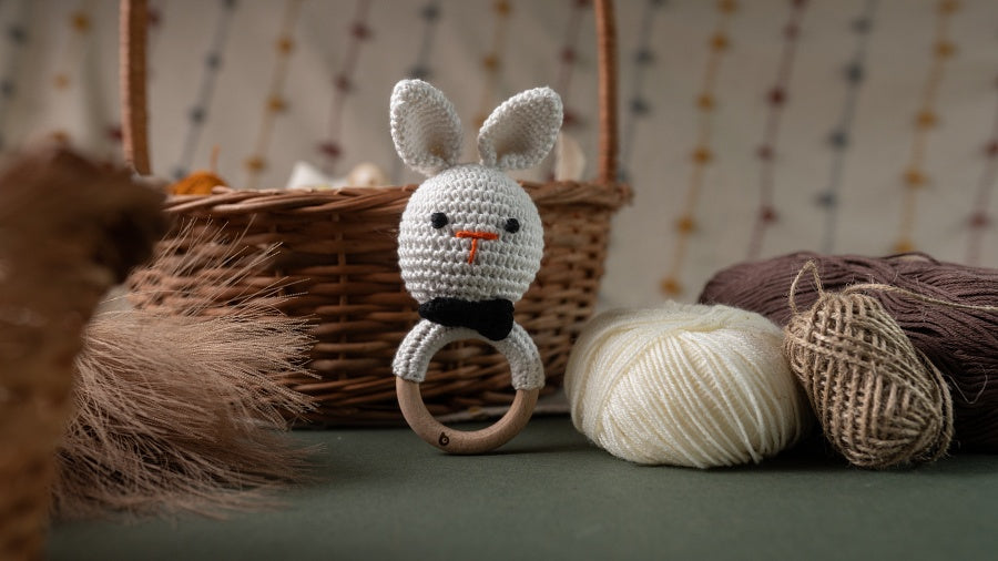 Bhupadh Rabbit Crochet Rattle – Soft Baby Rattle Toy | Handmade with Natural Materials | Montessori-Inspired Newborn Sensory Toy & Teether | Ideal Gift for Baby Showers & First Milestones (3+ Months)